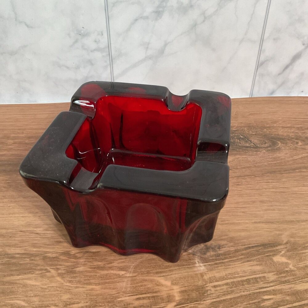 Vintage Ruby Red Square Glass Ashtray 4.5" x 2.5”